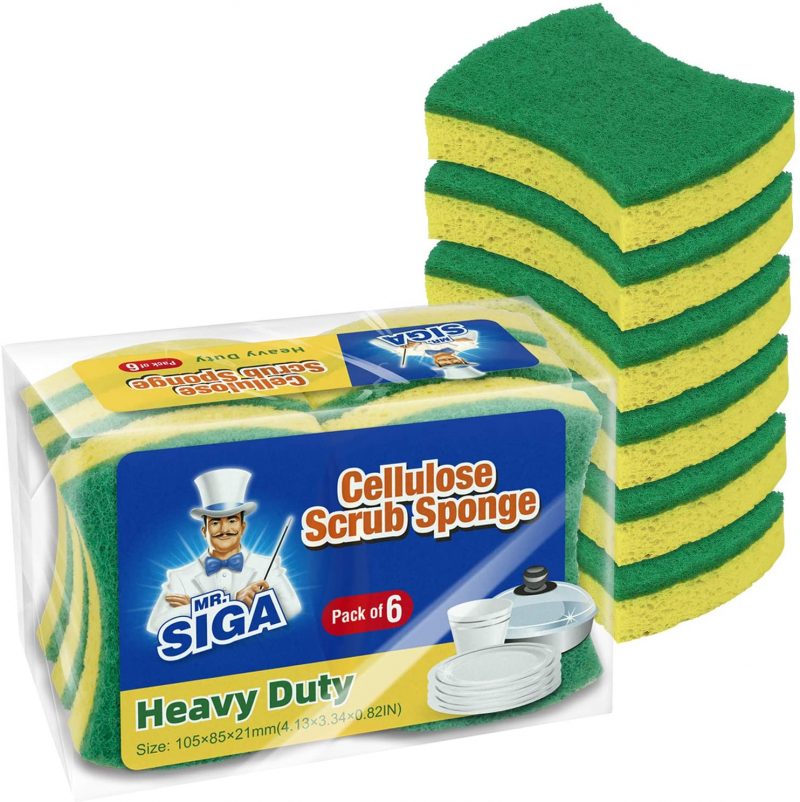 MR.SIGA Heavy Duty Cellulose Scrub Sponge. Dual-Sided Dishwashing Sponge. 12 Pack