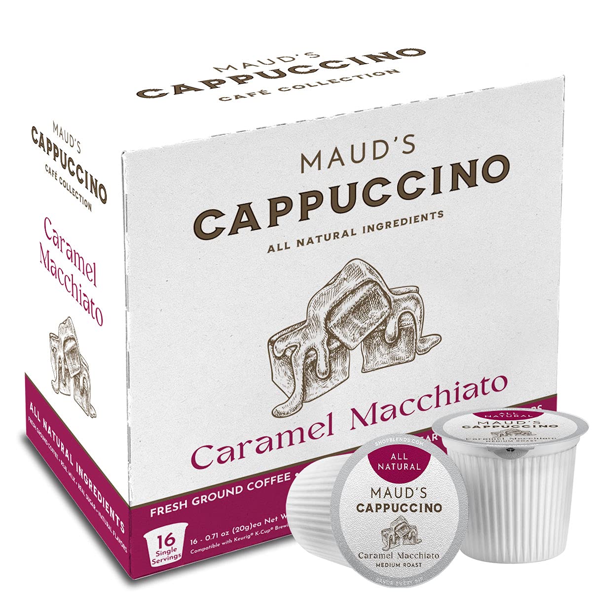 Maud-s Caramel Macchiato Cappuccino Coffee Pods (Medium Roast) 16ct. Solar Energy Produced Recyclable Single Serve 1 Step 100% Arabica Coffee Cappuccino Pods. Milk and Sugar Included. KCup Compatible