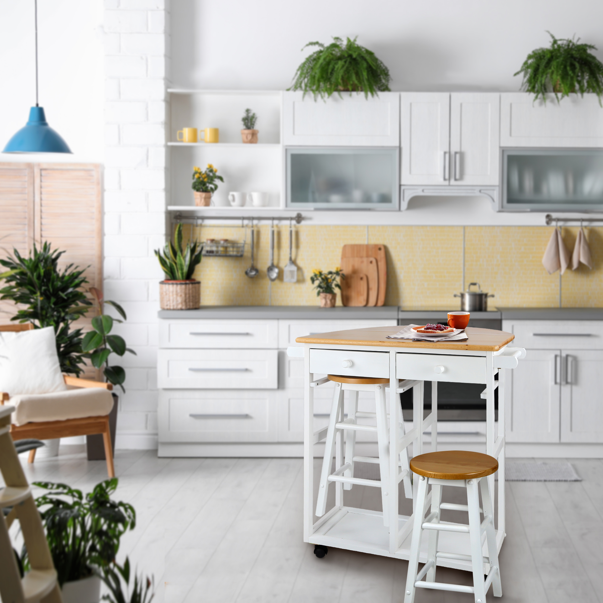 Casual Home New Folding 3-Piece Space Saving Dining Table Rolling Cart with Drawer and Two Stools. Two-Tone Finish (Natural White)