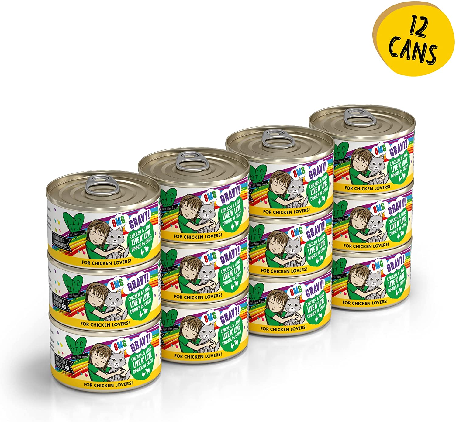 Weruva Wet Cat Food B.F.F. OMG - Best Feline Friend Oh My Gravy!. Chicken & Lamb Live N- Love with Chicken & Lamb in Gravy. 2.8oz Can (Pack of 12)