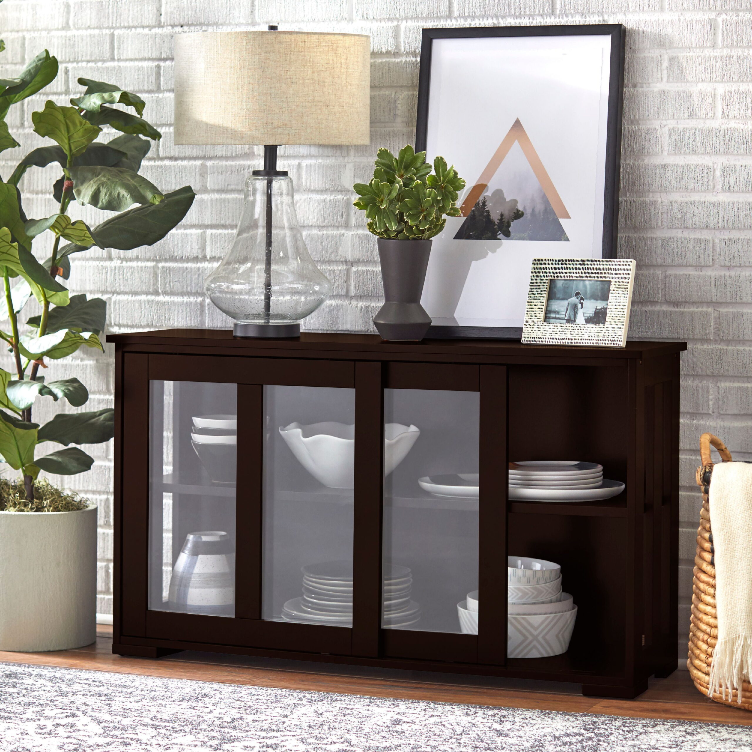TMS 42 Wide Contemporary Tempered Glass Sliding Door Stackable Dining Room Sideboard. Espresso Brown Finish