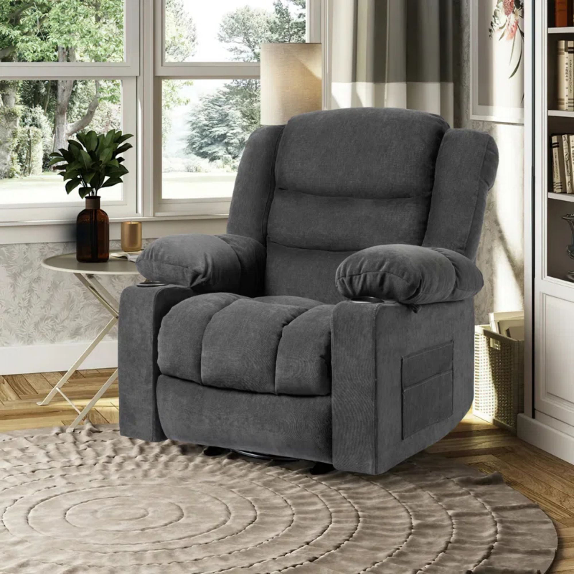 36.6″ Wide Super Soft and Oversize Chenille Manual Swivel Rocker Heating Massage Recliner Chair with Cupholders for Living Room. Bedroom.  Gray