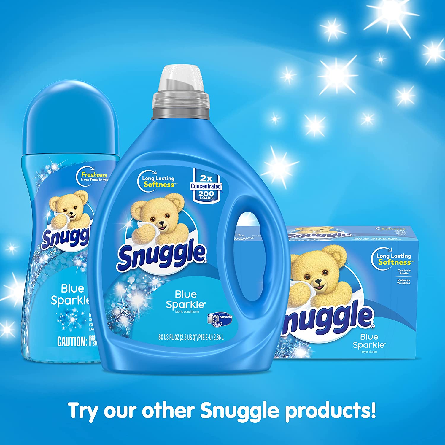 Snuggle Blue Sparkle Liquid Fabric Softener. 2X Concentrated. 200 Loads. 80 Fl Oz