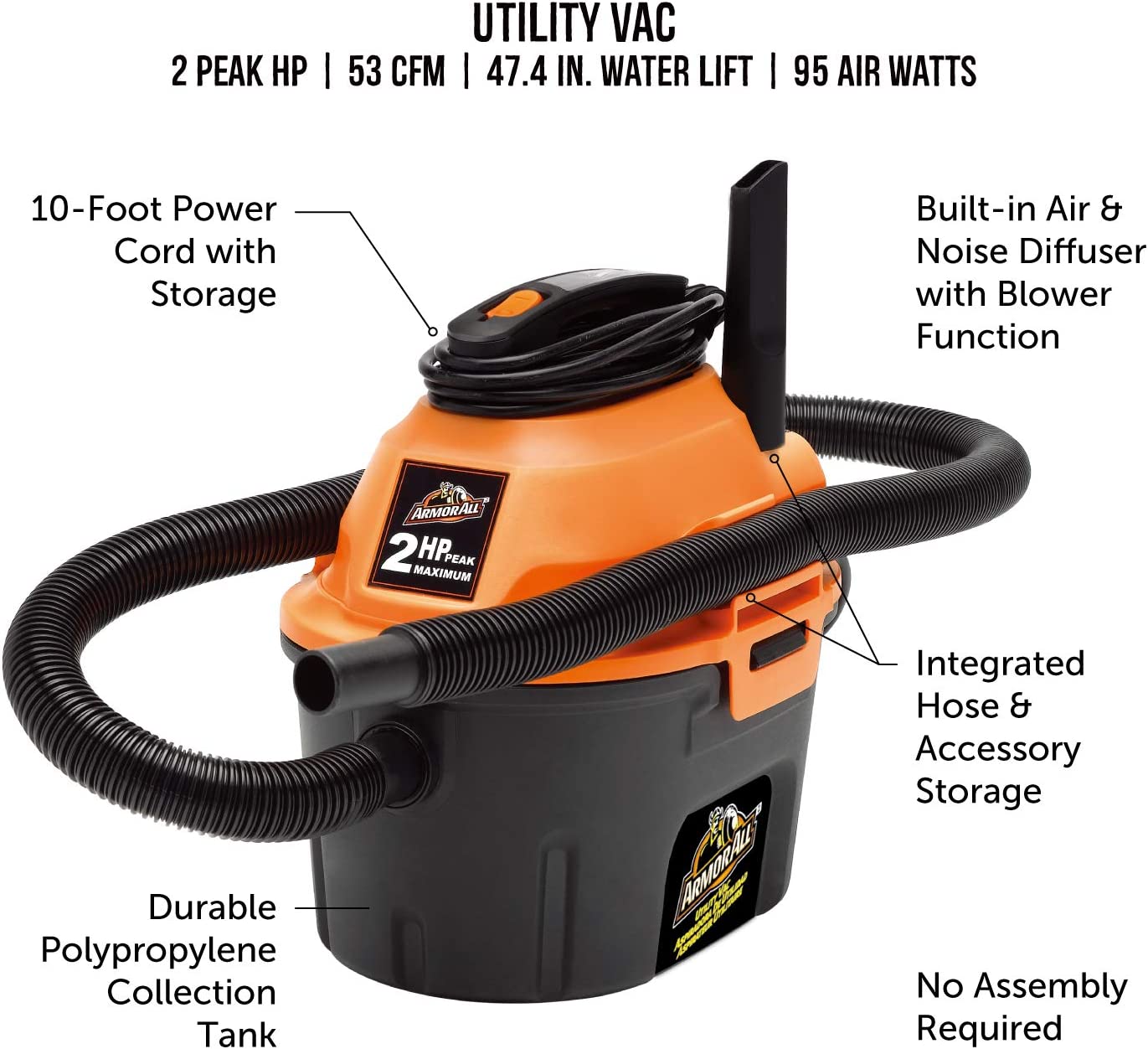 Armor All AA255 2.5 Gallon 2 Peak HP Wet/Dry Utility Shop Vacuum . Orange