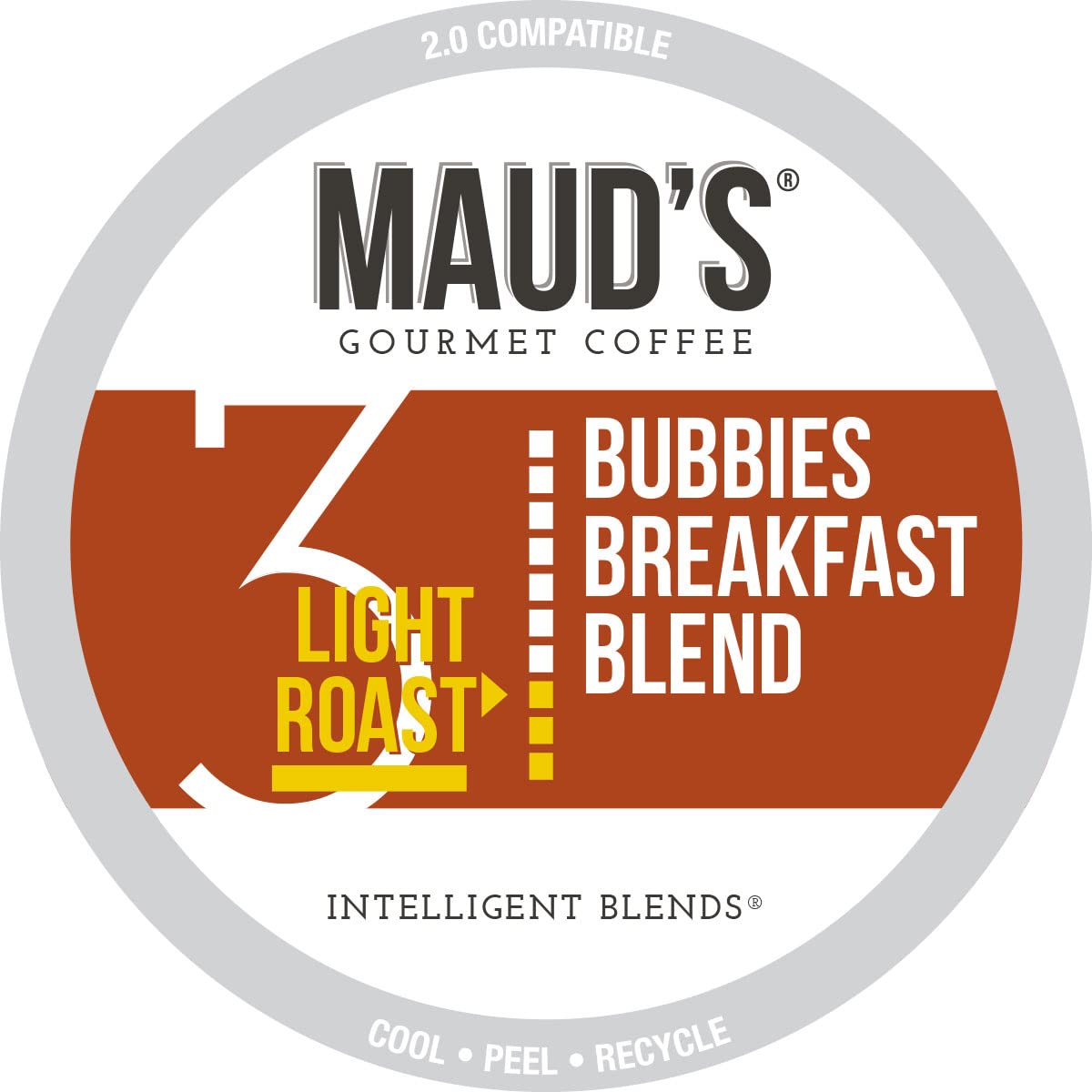 Maud-s Breakfast Blend Coffee. (Bubbies Breakfast Blend). 100ct. Solar Energy Produced Recyclable Single Serve Breakfast Blend Coffee Pods. 100% Arabica Coffee California Roasted. KCup Compatible