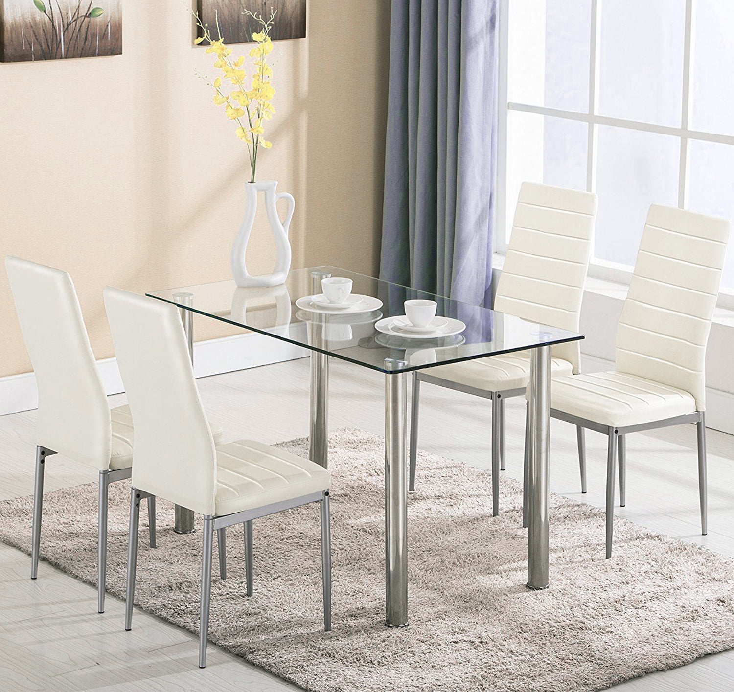 Ktaxon 5 Piece Dining Table Set Dining Table & 4 Leather Chairs.Glass Top Kitchen Dining Room Furniture.White