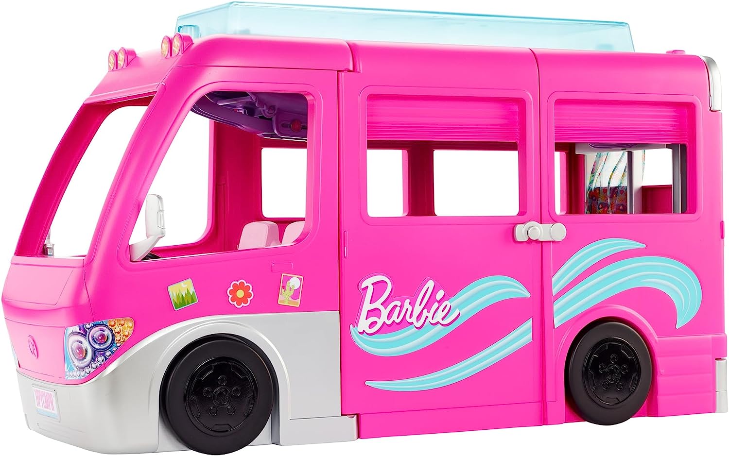 Barbie Camper Playset. Dreamcamper Toy Vehicle with 60 Accessories Including Furniture. Pool and 30-Inch Slide