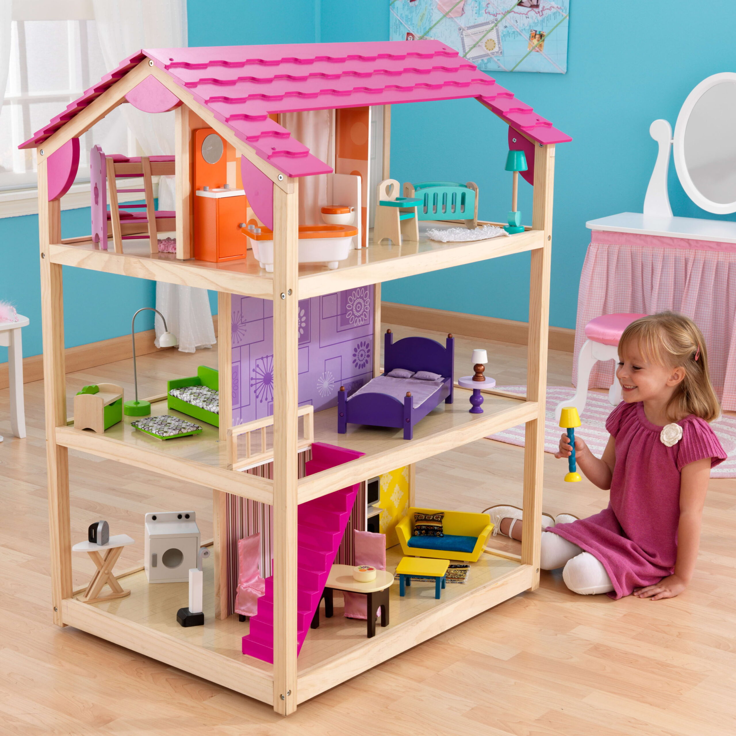 KidKraft So Chic Wood Dollhouse. Almost 4′ Tall with Wheels & 46 Pieces. Assembly Required