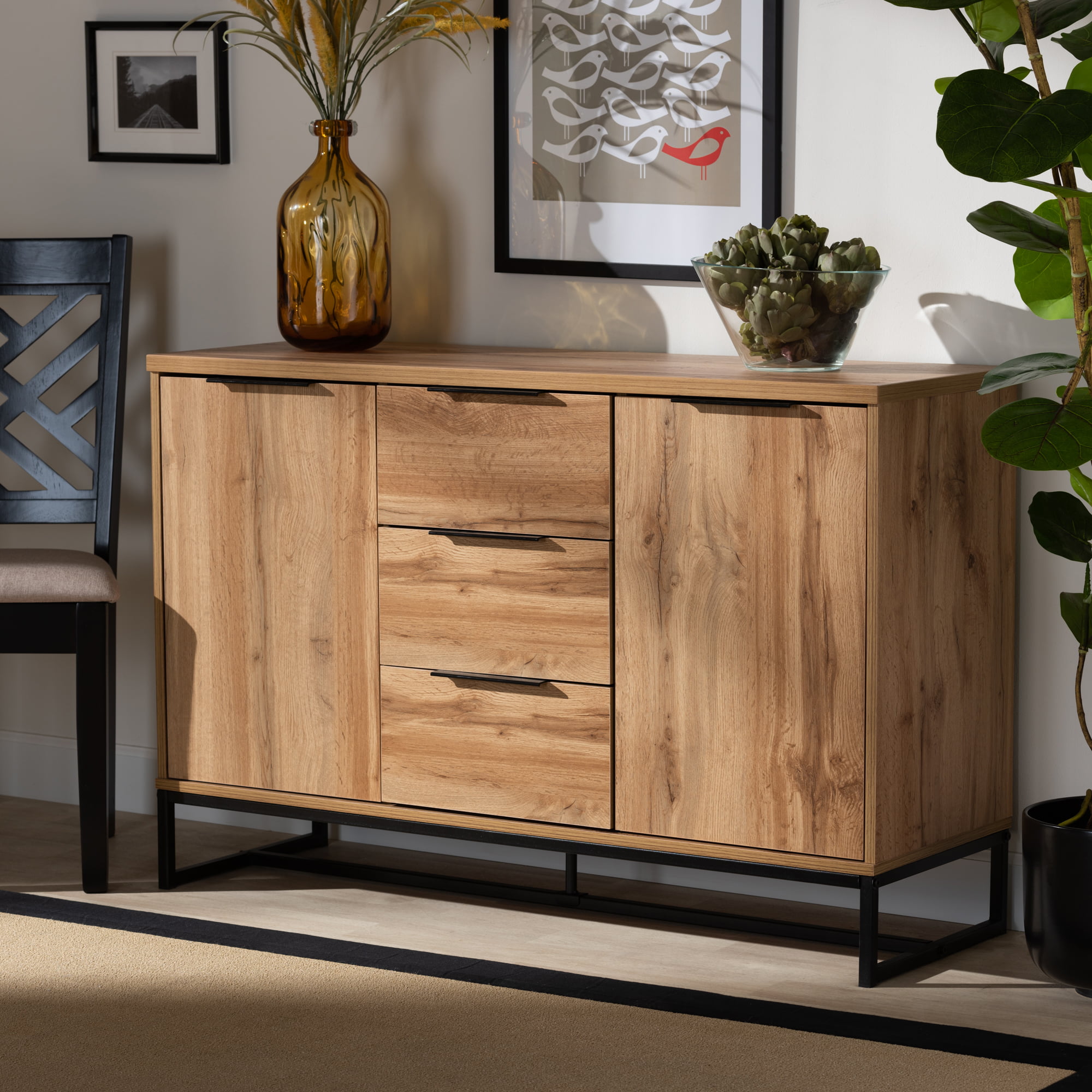 Baxton Studio Reid Modern and Contemporary Industrial Oak Finished Wood and Black Metal 3-Drawer Sideboard Buffet