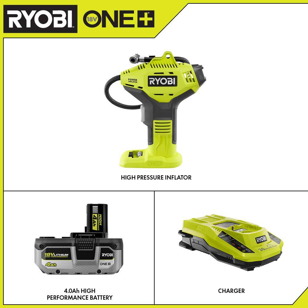 RYOBI P737D-PSK004 ONE+ 18V Cordless High Pressure Inflator with Digital Gauge with HIGH PERFORMANCE 4.0 Ah Battery and Charger Kit