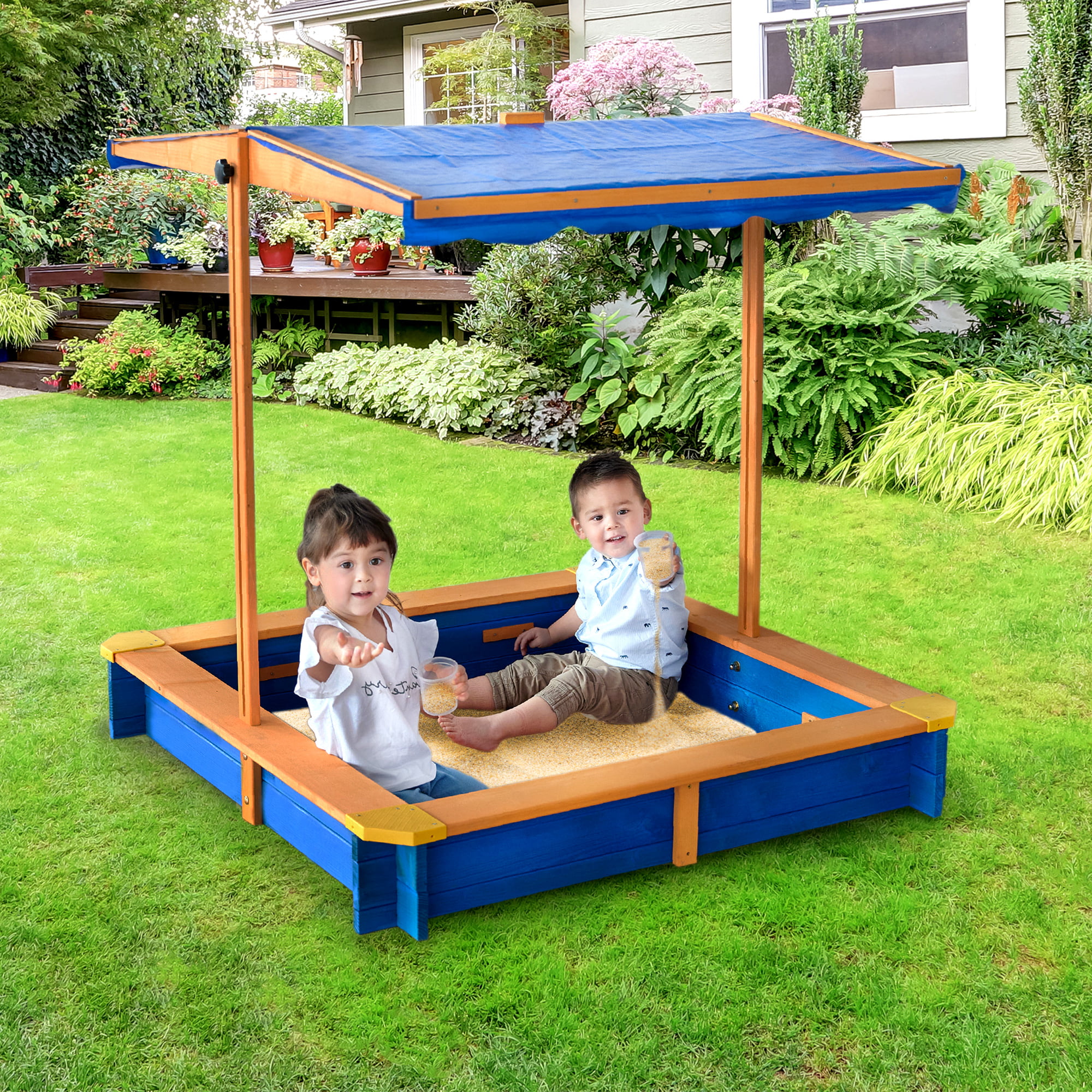 Teamson Kids 4′ Square Solid Wood Sandbox with Rotatable Canopy Cover. Honey/Blue