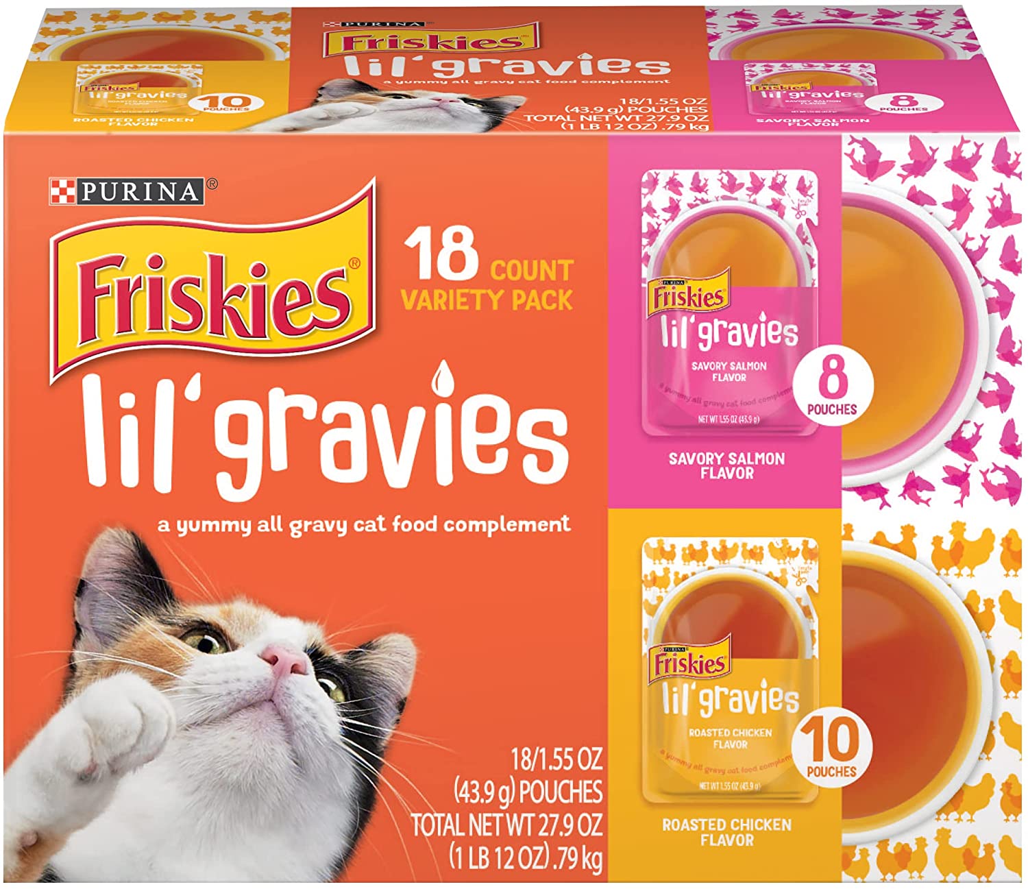 Purina Friskies Lil- Gravies Variety Pack with Chicken. Salmon. Turkey & Roast Beef Flavors Cat Food Complements - (18) 1.55 oz. Pouches