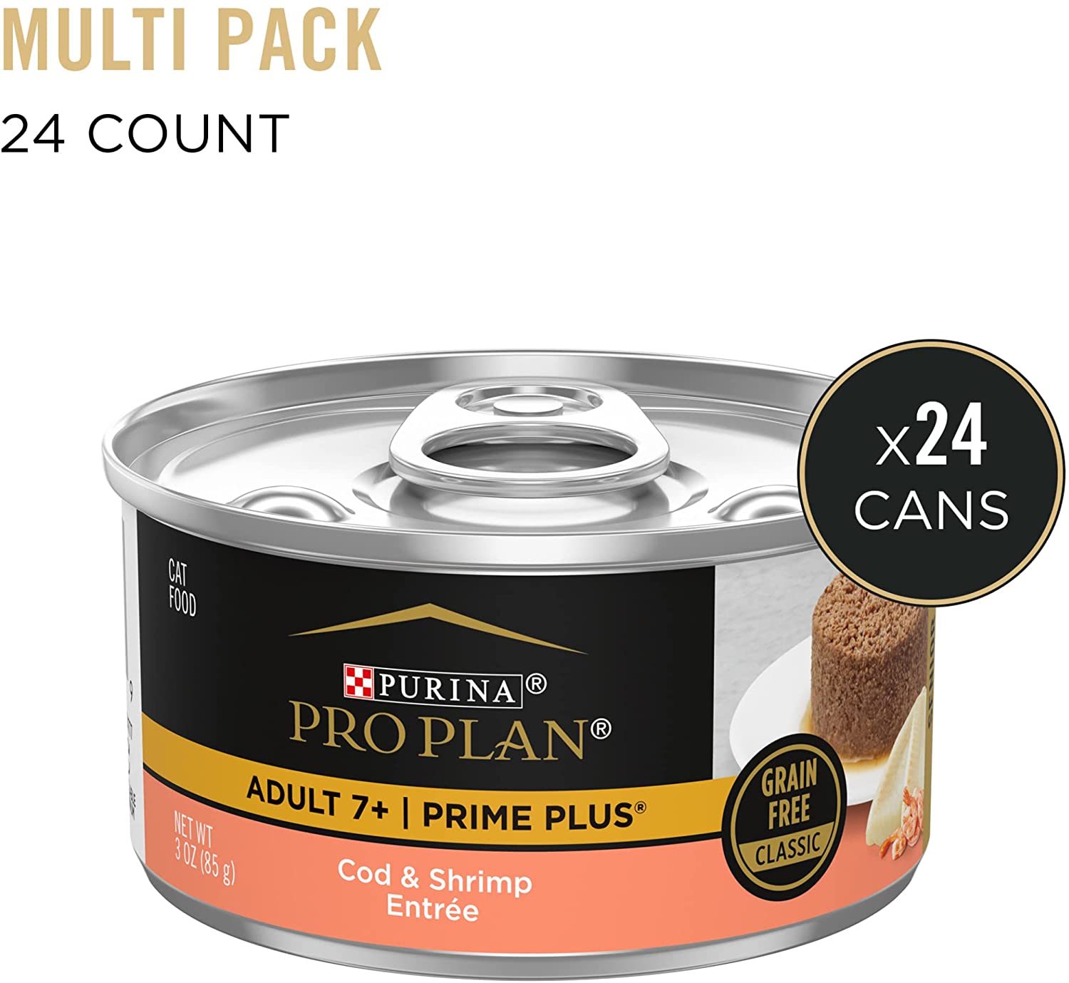 Purina Pro Plan Grain Free Senior Wet Cat Food Pate. SENIOR Prime Plus Cod and Shrimp Entree - (24) 3 oz. Pull-Top Cans