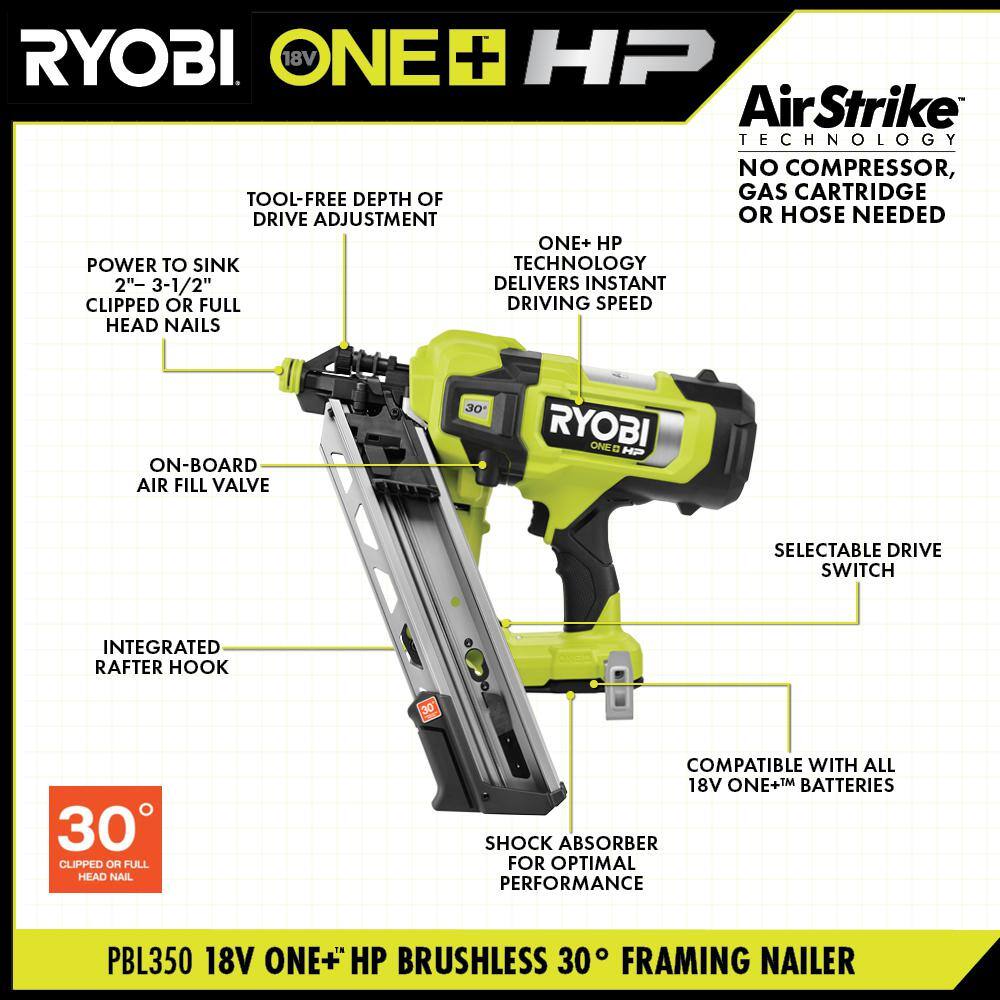 RYOBI PBL350B ONE+ HP 18V Brushless Cordless AirStrike 30° Framing Nailer (Tool Only)