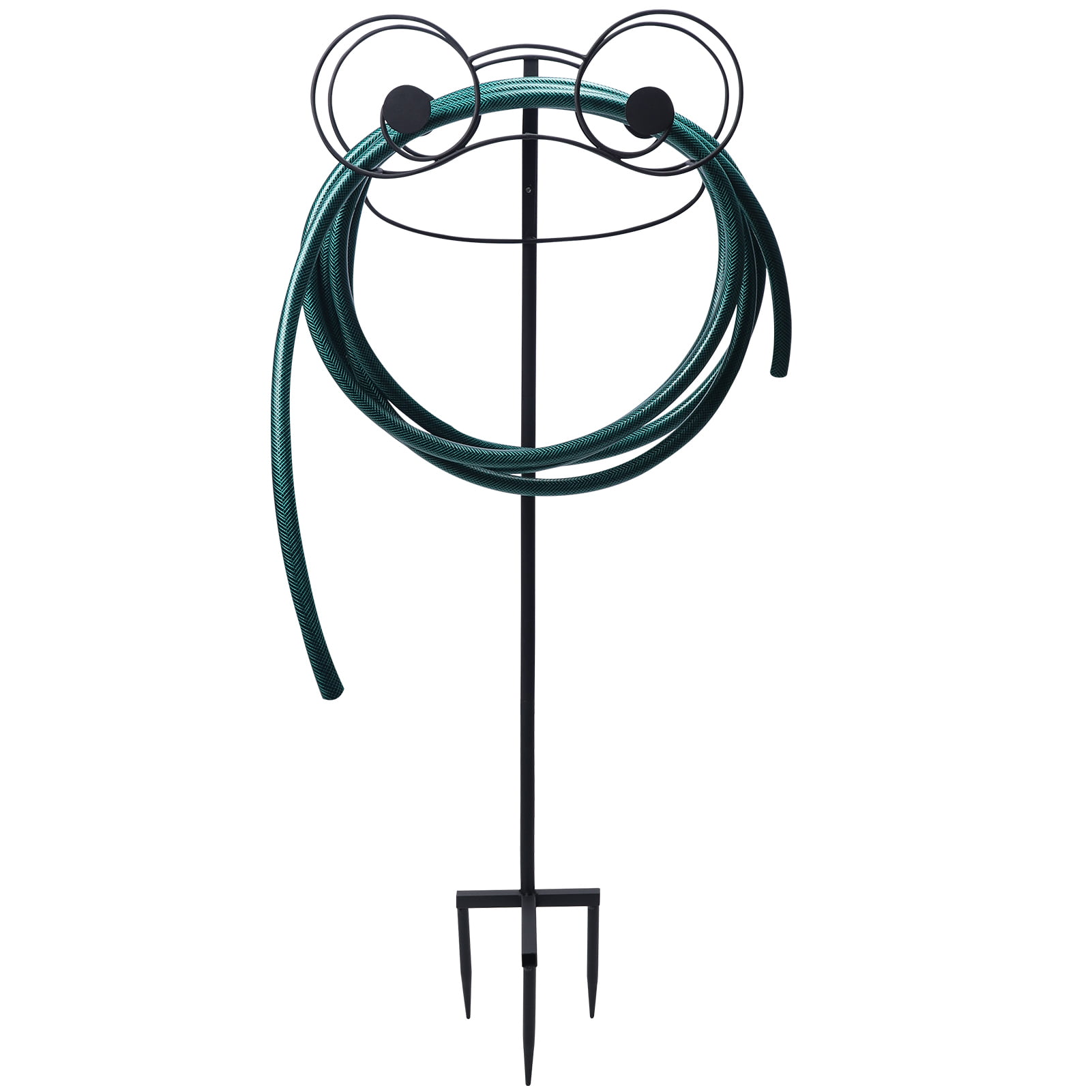 Garden Hose Holder with 2 Spikes for 26 lb Hose. Freestanding Water Hose Holder for Outside Yard Lawn. Black
