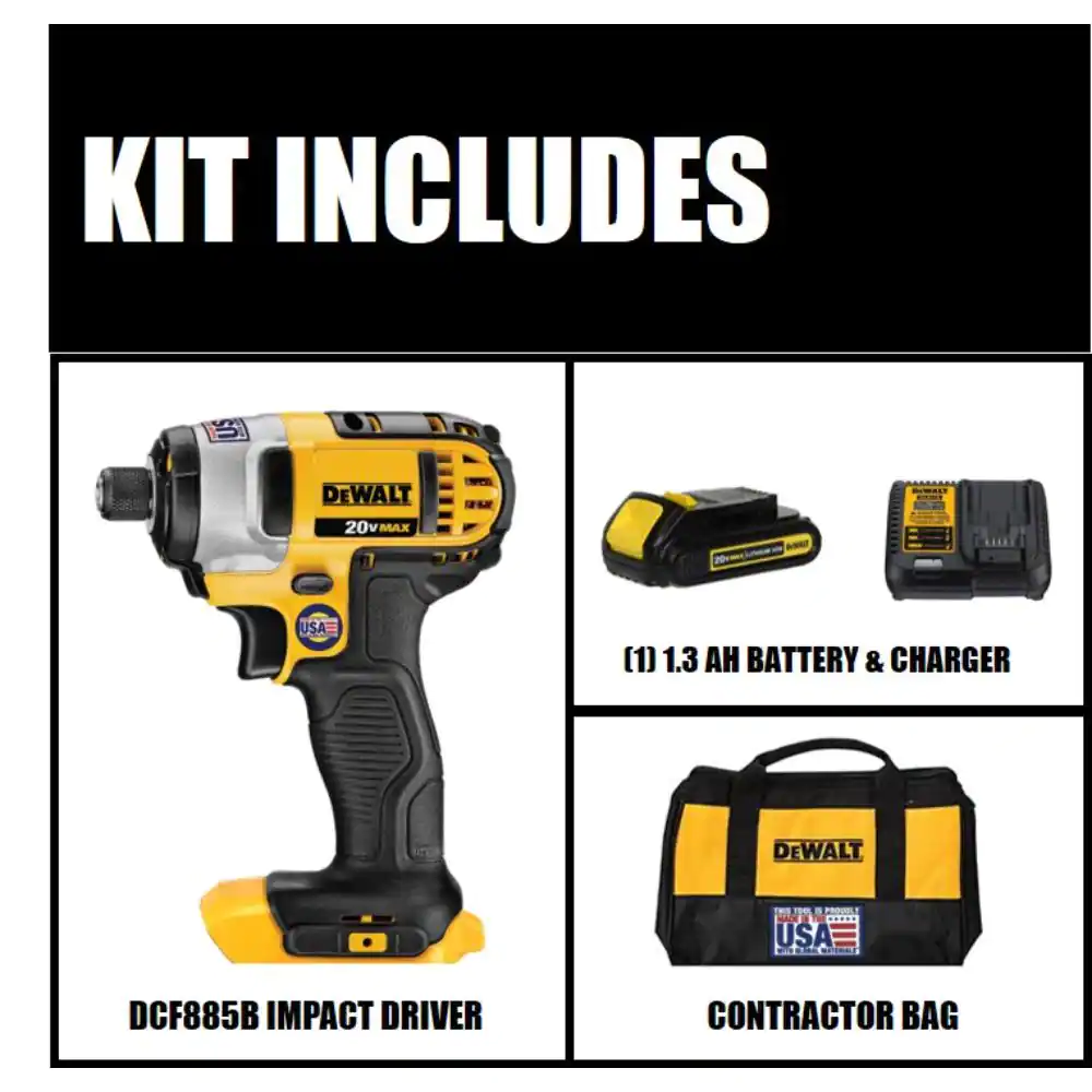 DEWALT DCF885C1 20-Volt MAX Cordless 1/4 in. Impact Driver. (1) 20-Volt 1.3Ah Battery. Charger & Bag