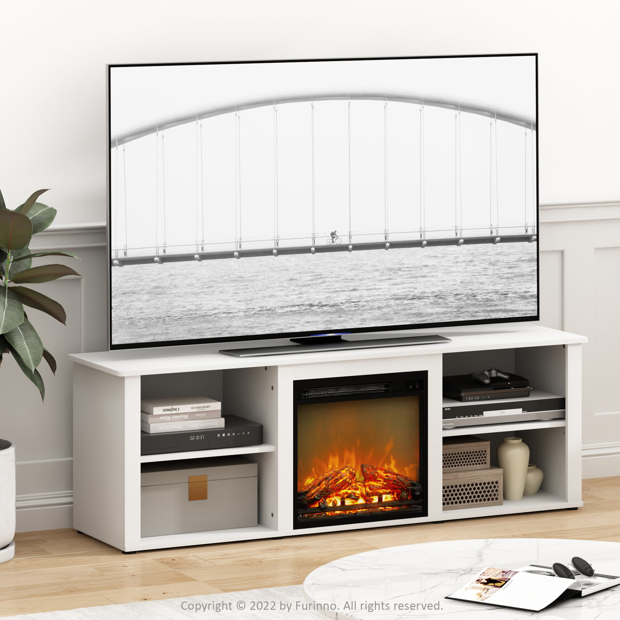 Furinno Montale 70 Inch TV Stand with Fireplace. Solid White