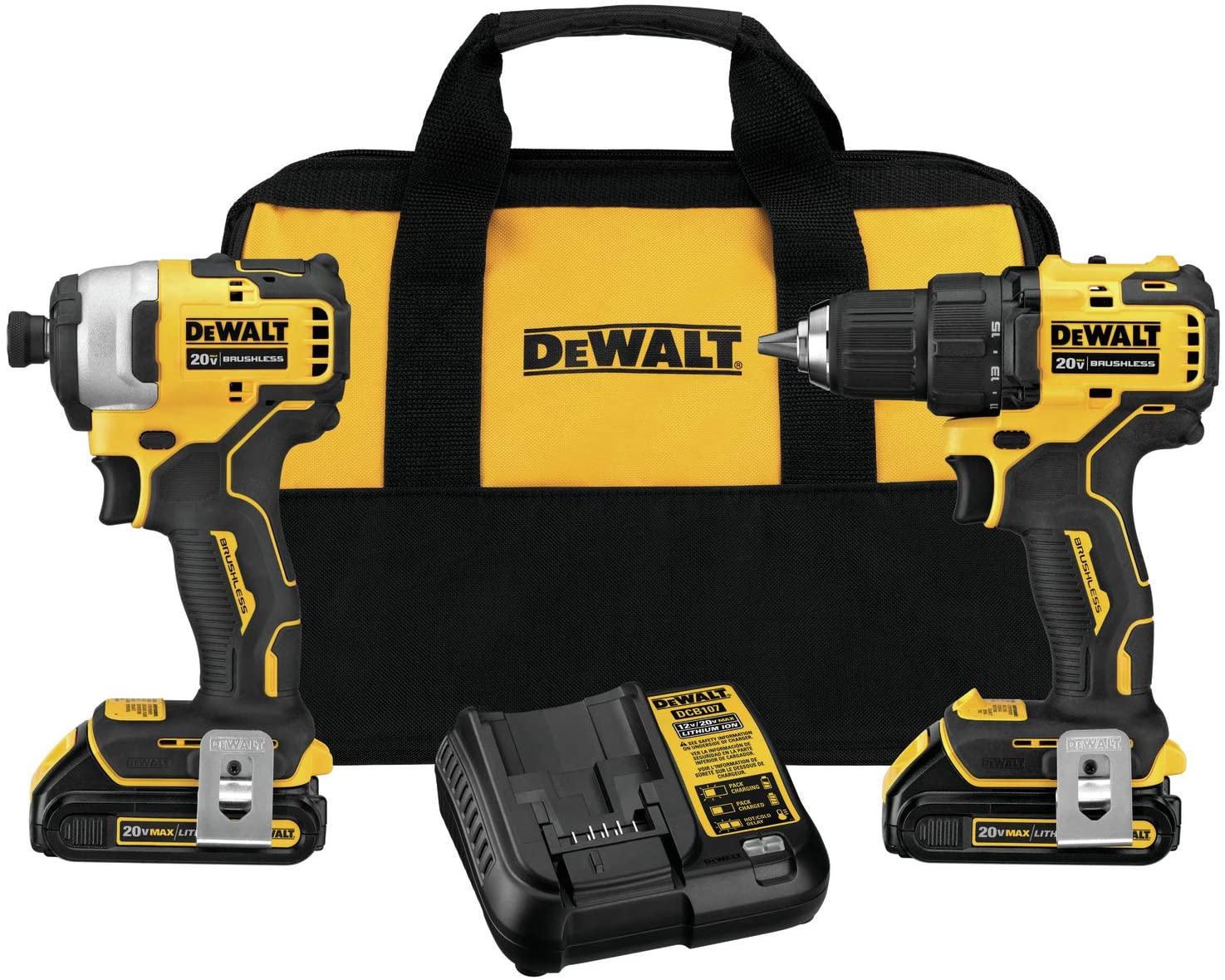 DEWALT DCK278C2 ATOMIC 20-Volt MAX Cordless Brushless Compact Drill/Impact Combo Kit (2-Tool) with (2) 1.3Ah Batteries. Charger & Bag