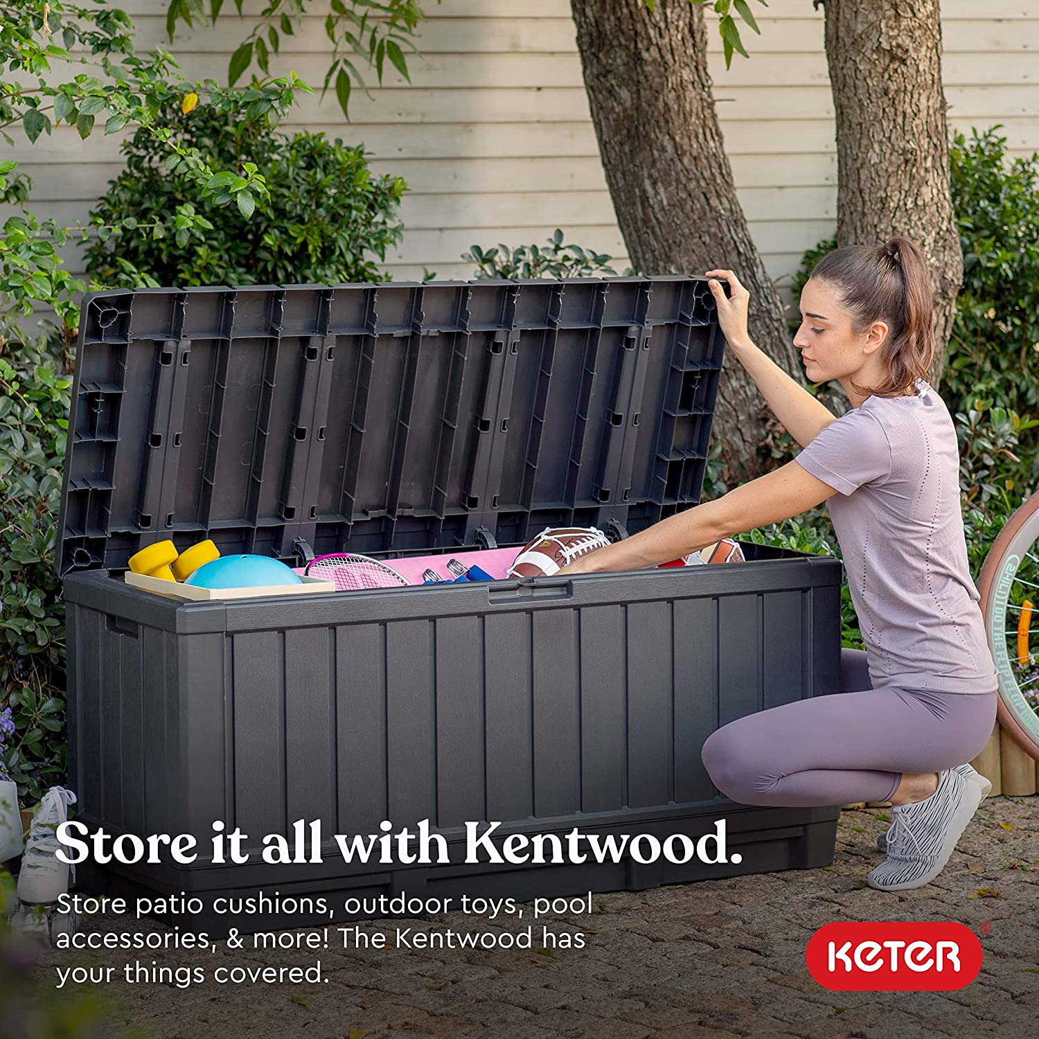Keter Kentwood 90 Gallon Resin Deck Box-Organization and Storage for Patio Furniture Outdoor Cushions. Throw Pillows. Garden Tools and Pool Toys. Graphite