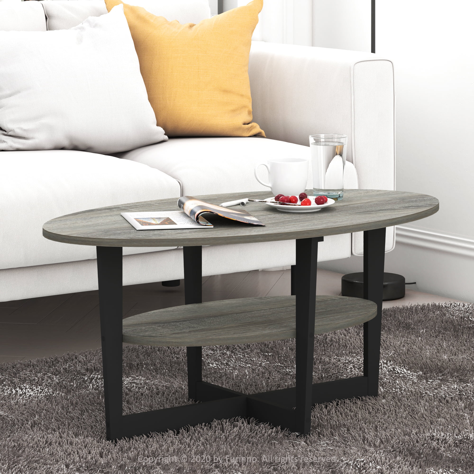 Furinno JAYA Oval Coffee Table. French Oak Grey/Black