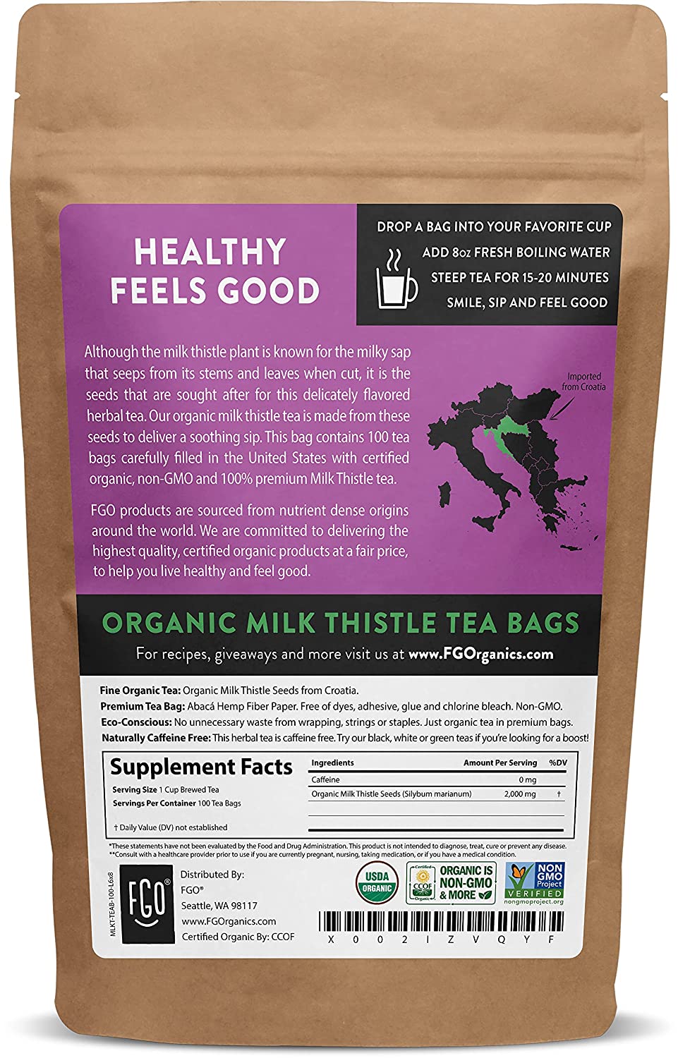 FGO Organic Milk Thistle Tea Bags 100 Tea Bags Eco-Conscious Tea Bags in Kraft Bag