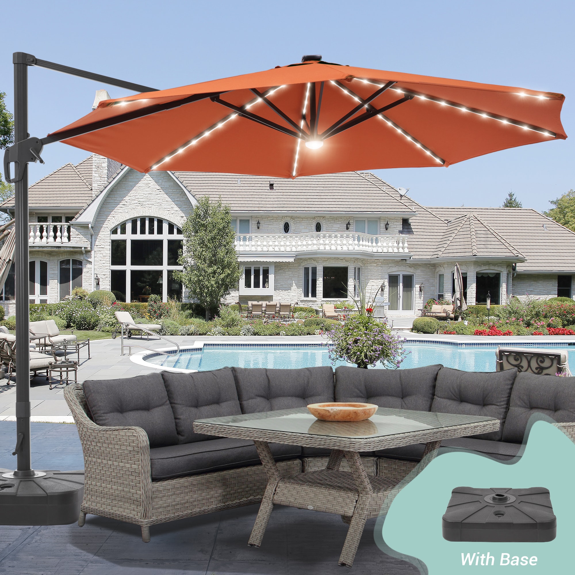 ACEGOSES 11-ft Brick Red Solar Powered Cantilever Patio Umbrella with Base