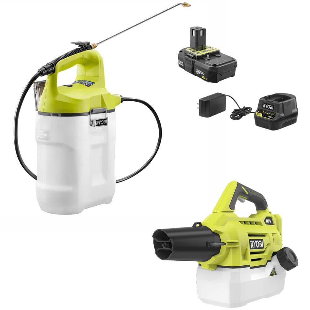 RYOBI P2830-P2805BTL ONE+ 18V Cordless Battery 2 Gal. Chemical Sprayer and Cordless Fogger/Mister (2-Tool) with 2.0 Ah Battery and Charger