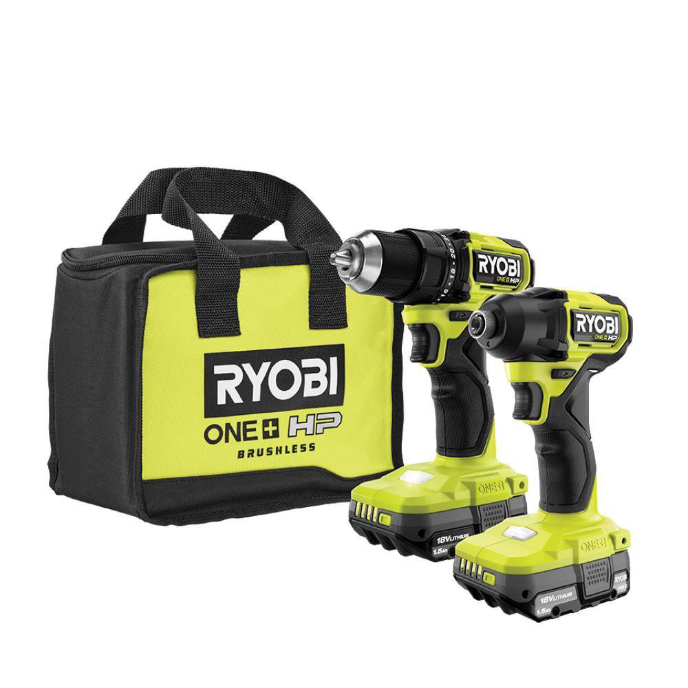 RYOBI PSBCK01K ONE+ HP 18V Brushless Cordless Compact 1/2 in. Drill and Impact Driver Kit with (2) 1.5 Ah Batteries. Charger and Bag