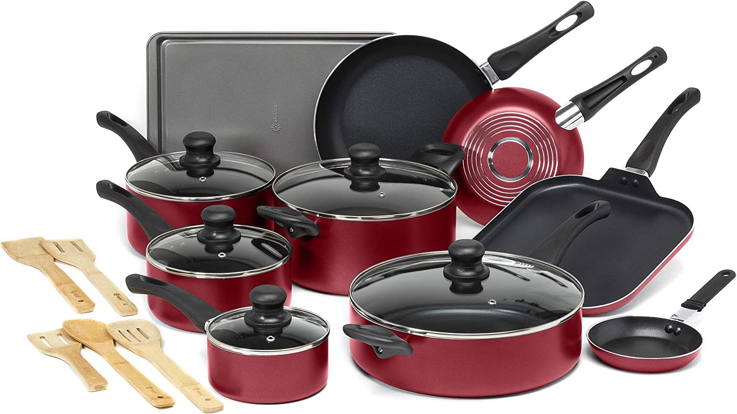 Ecolution Easy Clean Nonstick Cookware Set. Features Kitchen Essentials. Bamboo Cooking Utensils Set. Made without PFOA. Dishwasher Safe. 20-Piece. Red