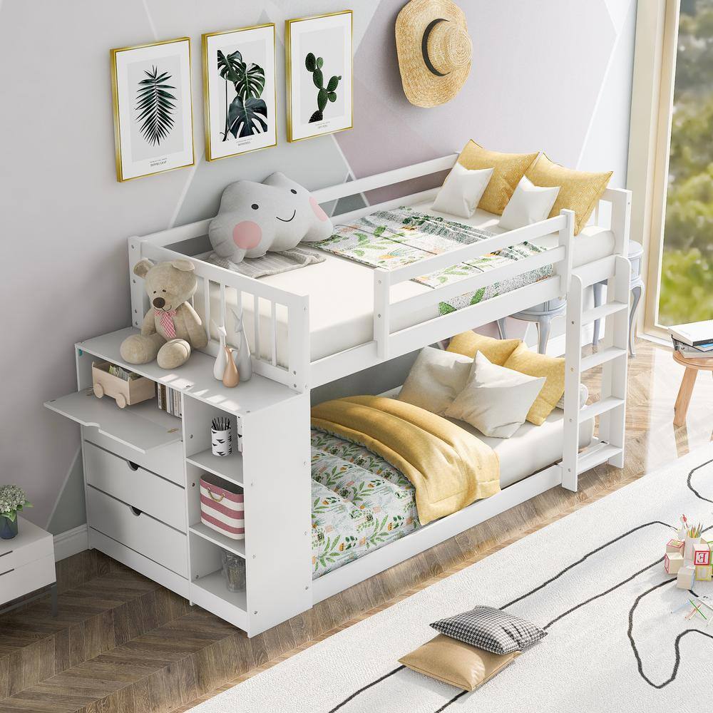 Harper & Bright Designs  White Twin over Twin Wood Bunk Bed with Attached Cabinet and Storage Shelves