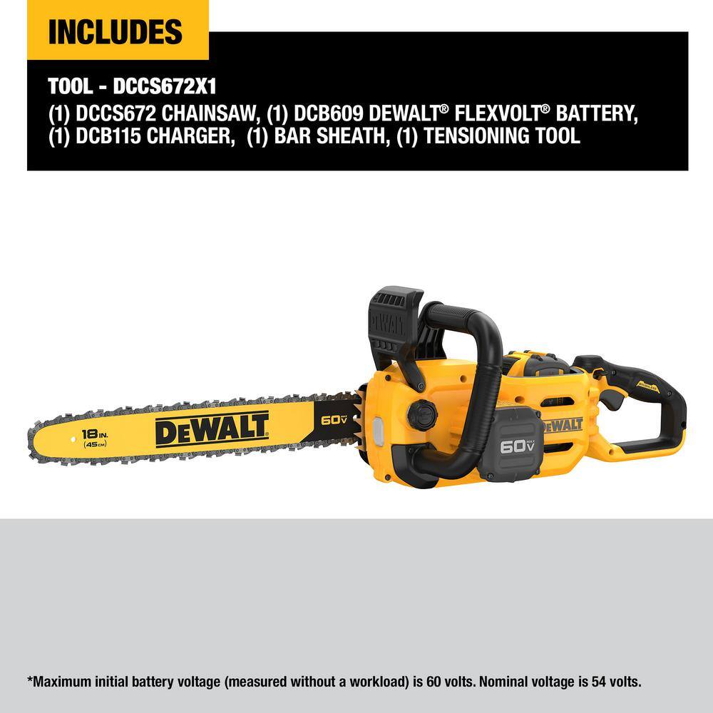 DEWALT DCCS672X1 60V MAX 18in. Brushless Cordless Battery Powered Chainsaw Kit with (1) FLEXVOLT 3Ah Battery & Charger