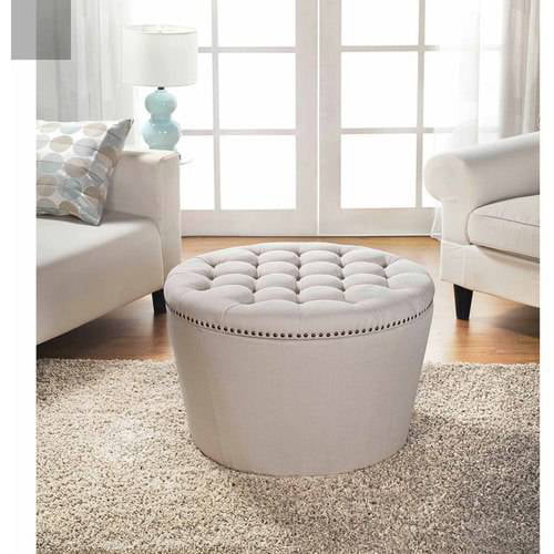 Better Homes & Gardens Round Tufted Storage Ottoman with Nailheads. Cream