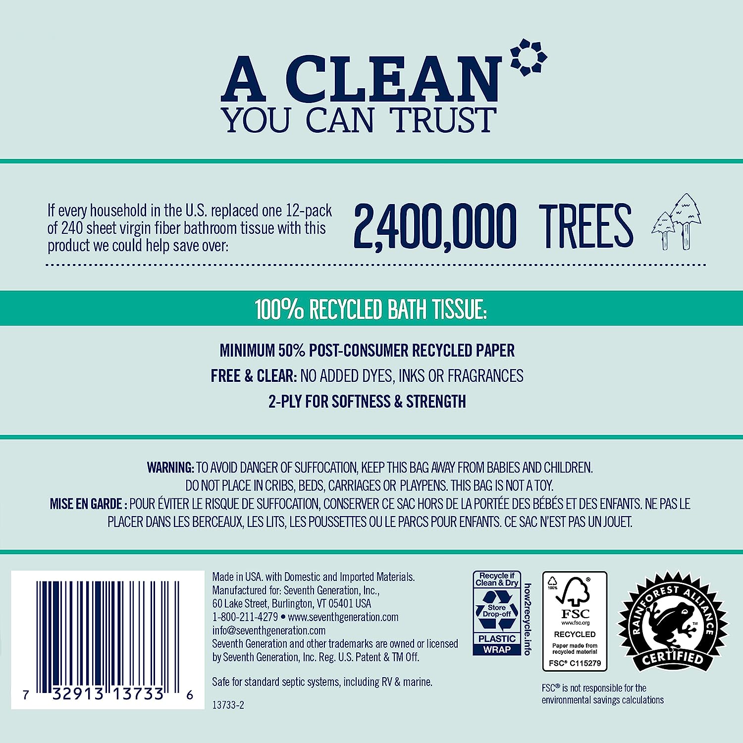 Seventh Generation Toilet Paper Recycled Bath Tissue 4-Pack 100% Recycled Paper 2-ply without Chlorine Bleach 12 Rolls