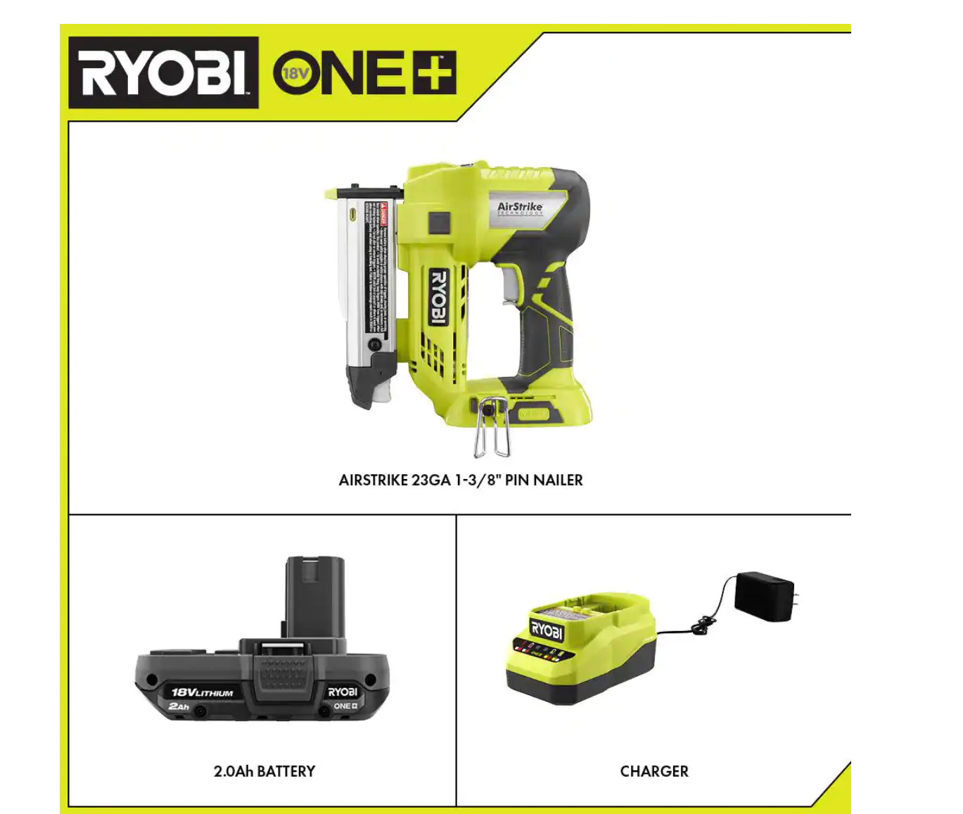 RYOBI P318-PSK005 ONE+ 18V Cordless AirStrike 23-Gauge 1-3/8 in. Headless Pin Nailer and 2.0 Ah Compact Battery Starter Kit