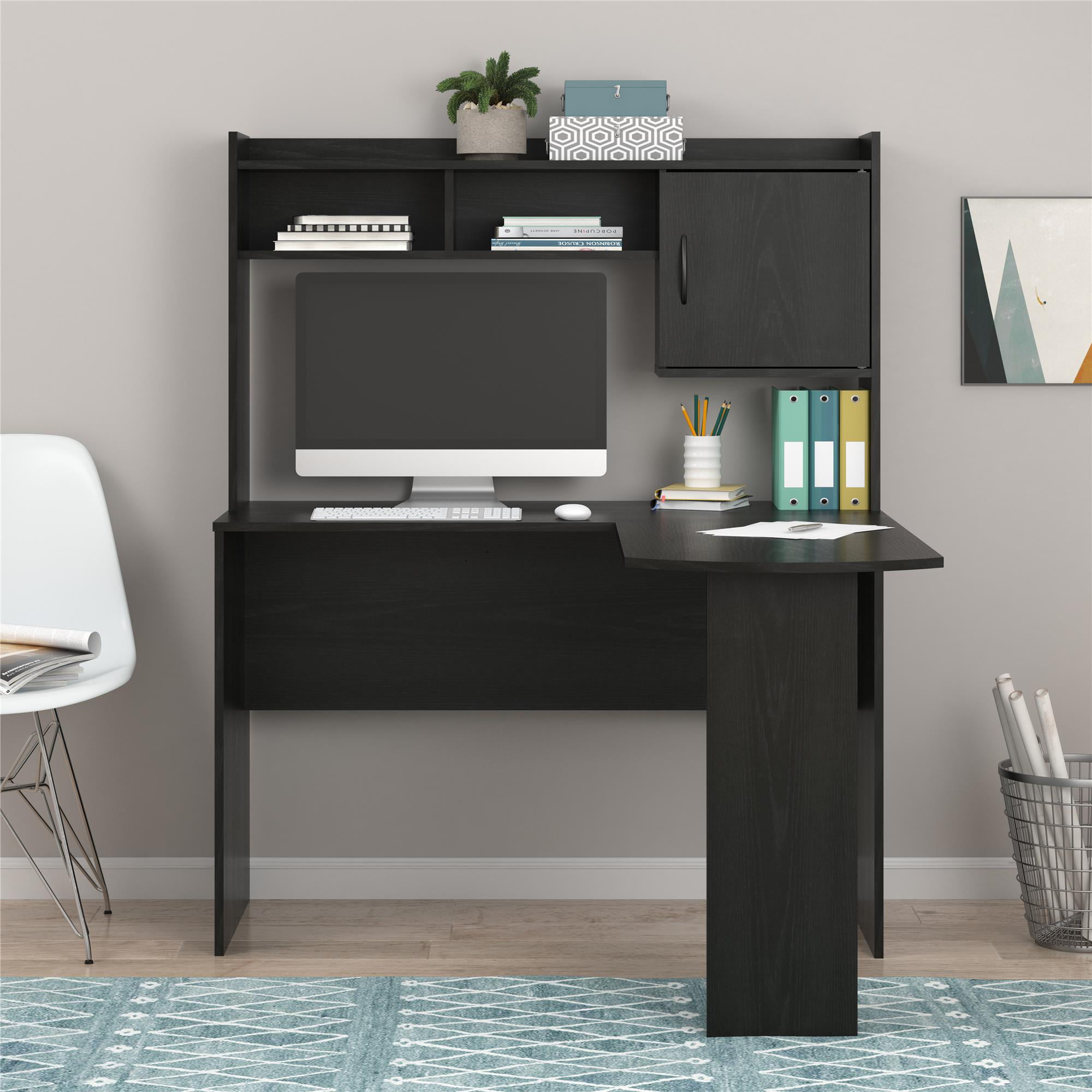 Mainstays L-Shaped Desk with Hutch. Black Oak