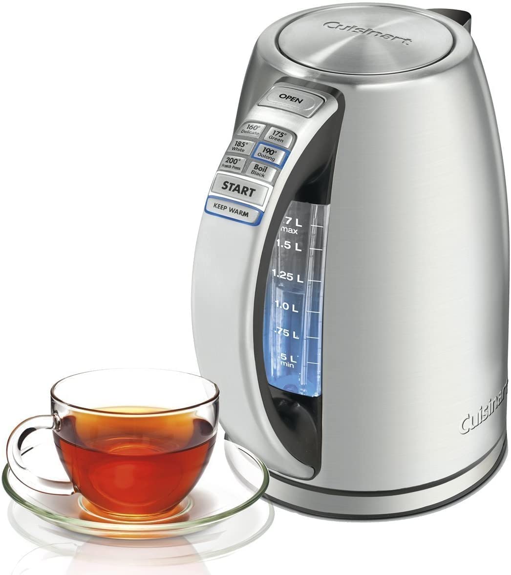 Electric Kettle by Cuisinart. 1.7-Liter Capacity. Cordless 1500-Watts for Fast Heat Up. Stay Cool Non-Slip Handle. Stainless Steel. CPK-17P1