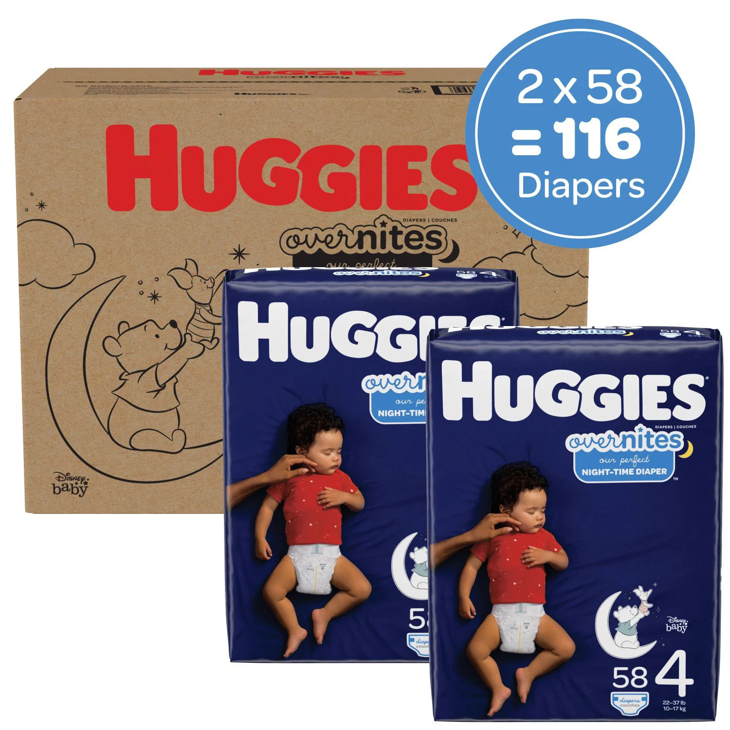 Overnight Diapers Size 4 (22-37 lbs). 116 Ct. Huggies Overnites Nighttime Baby Diapers