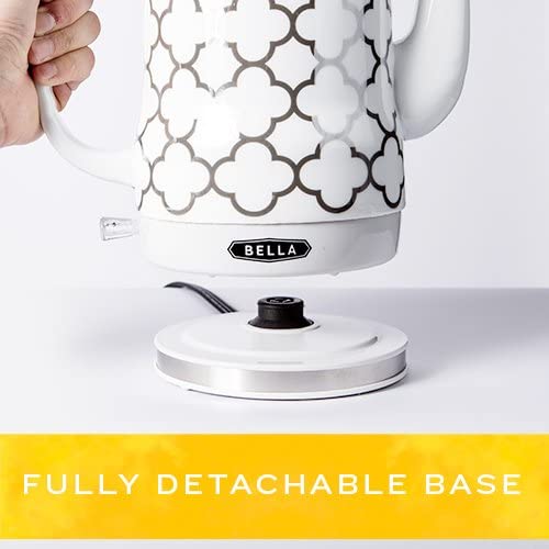 BELLA Electric Ceramic Tea Kettle. Boil Water Quickly and Easily. Detachable Swivel Base & Boil Dry Protection. Carefree Auto Shut Off. 1.2 L. Silver Tile Pattern