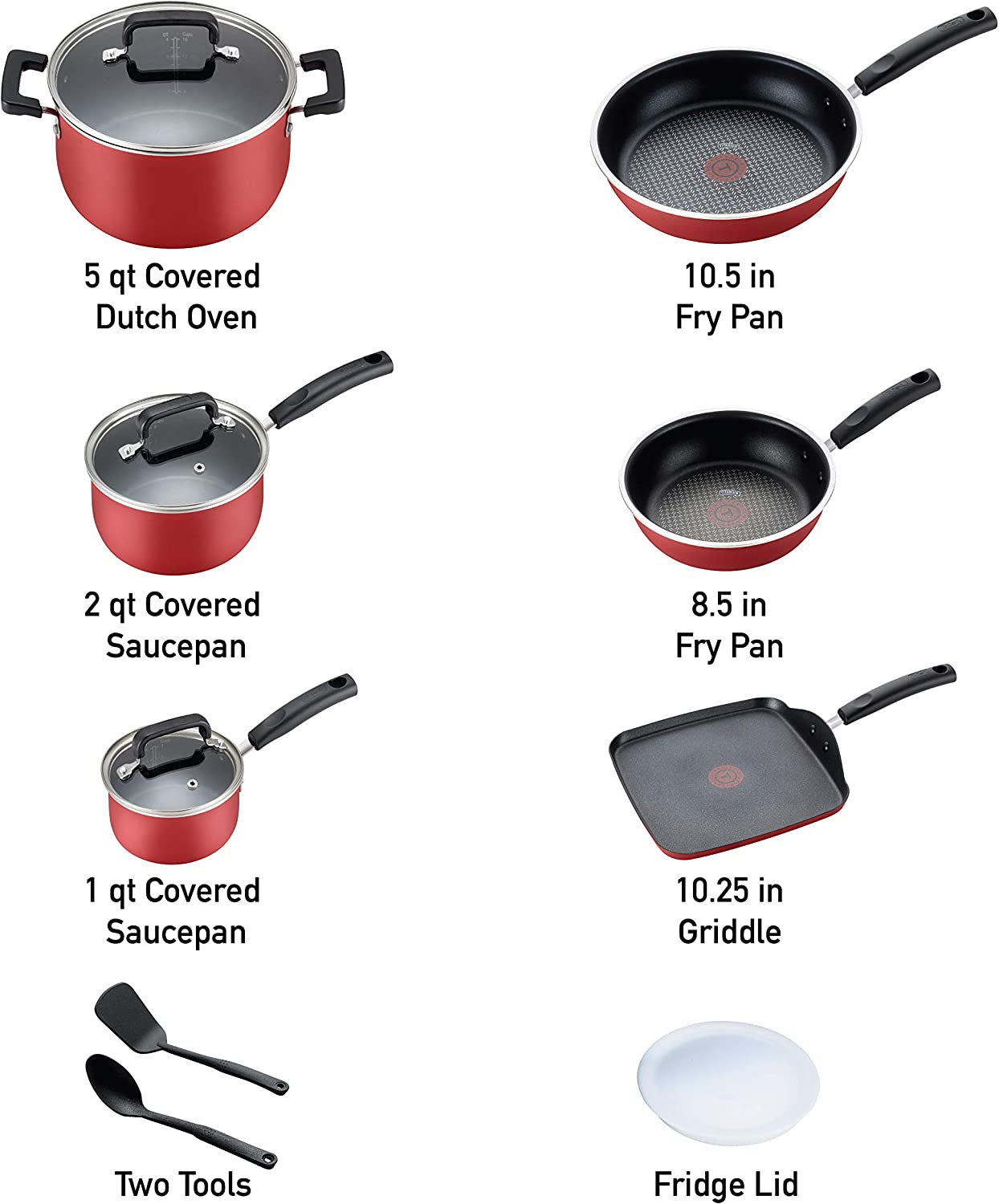 T-fal Signature Titanium Advancend Nonstick Pots and Pans Cookware Set. 12 Piece. Red