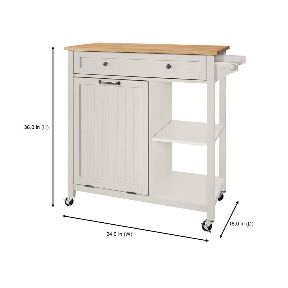 StyleWell  Bainport Ivory Wooden Rolling Kitchen Cart Butcher Block Top and Trash Storage (34″ W)