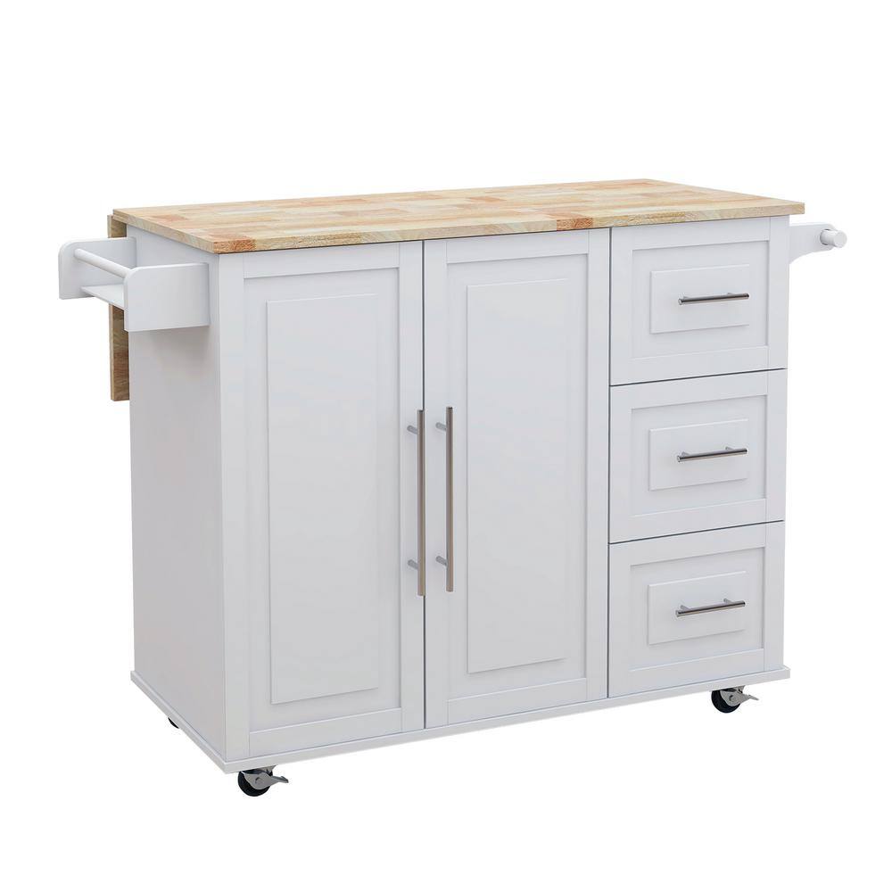 Tileon  White Kitchen Island with Extensible Solid Wood Folding Table Top and Towel Rack