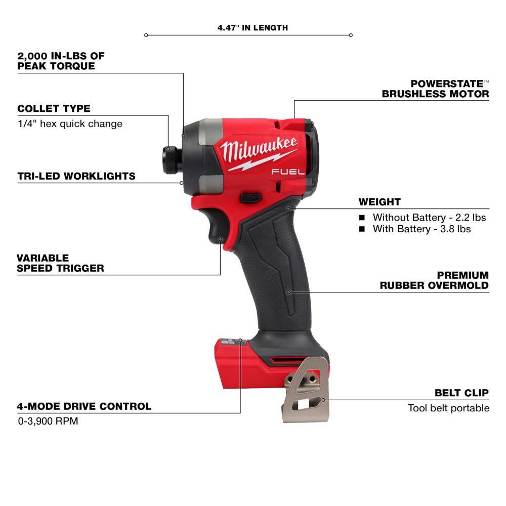 Milwaukee 2980-20-2953-20 M18 FUEL 18- V Lithium-Ion Brushless Cordless 4-1/2 in./6 in. Braking Grinder with with FUEL 1/4 in. Hex Impact Driver