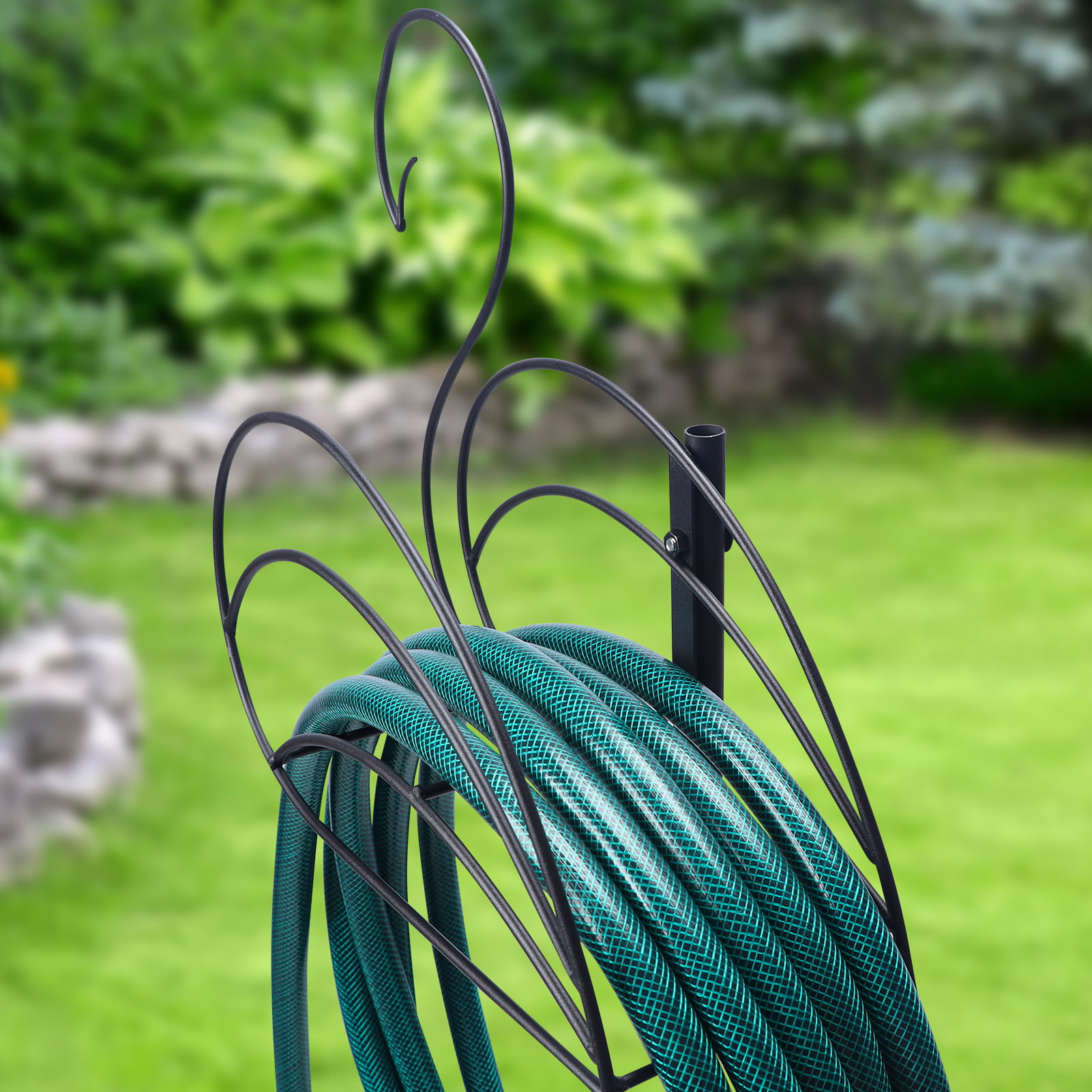 Garden Hose Holder with 2 Spikes Set. Freestanding Holder for 26lb Water Hose Outside Yard Lawn. Black