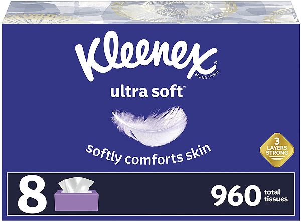 Kleenex Ultra Soft Facial Tissues. 8 Flat Boxes. 120 Tissues per Box