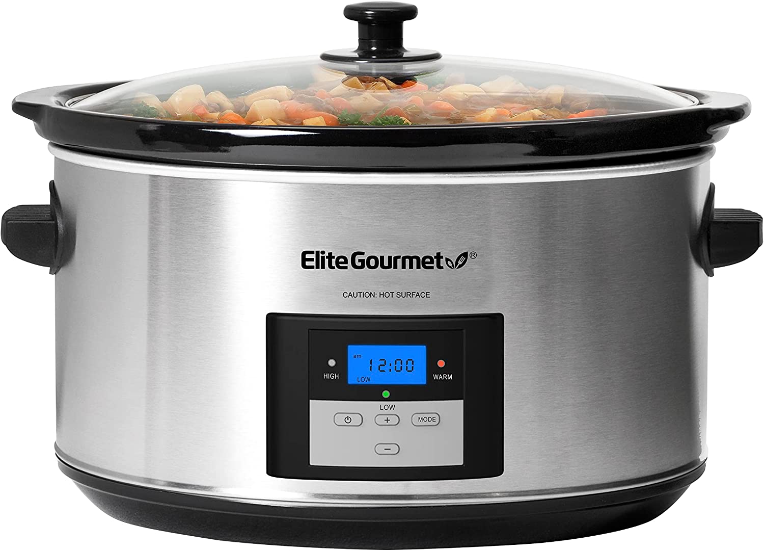 Elite Gourmet MST-900D# Digital Programmable Slow Cooker. Oval Adjustable Temp. Entrees. Sauces. Stews & Dips. Dishwasher Safe Glass Lid & Crock (8.5 Quart. Stainless Steel)
