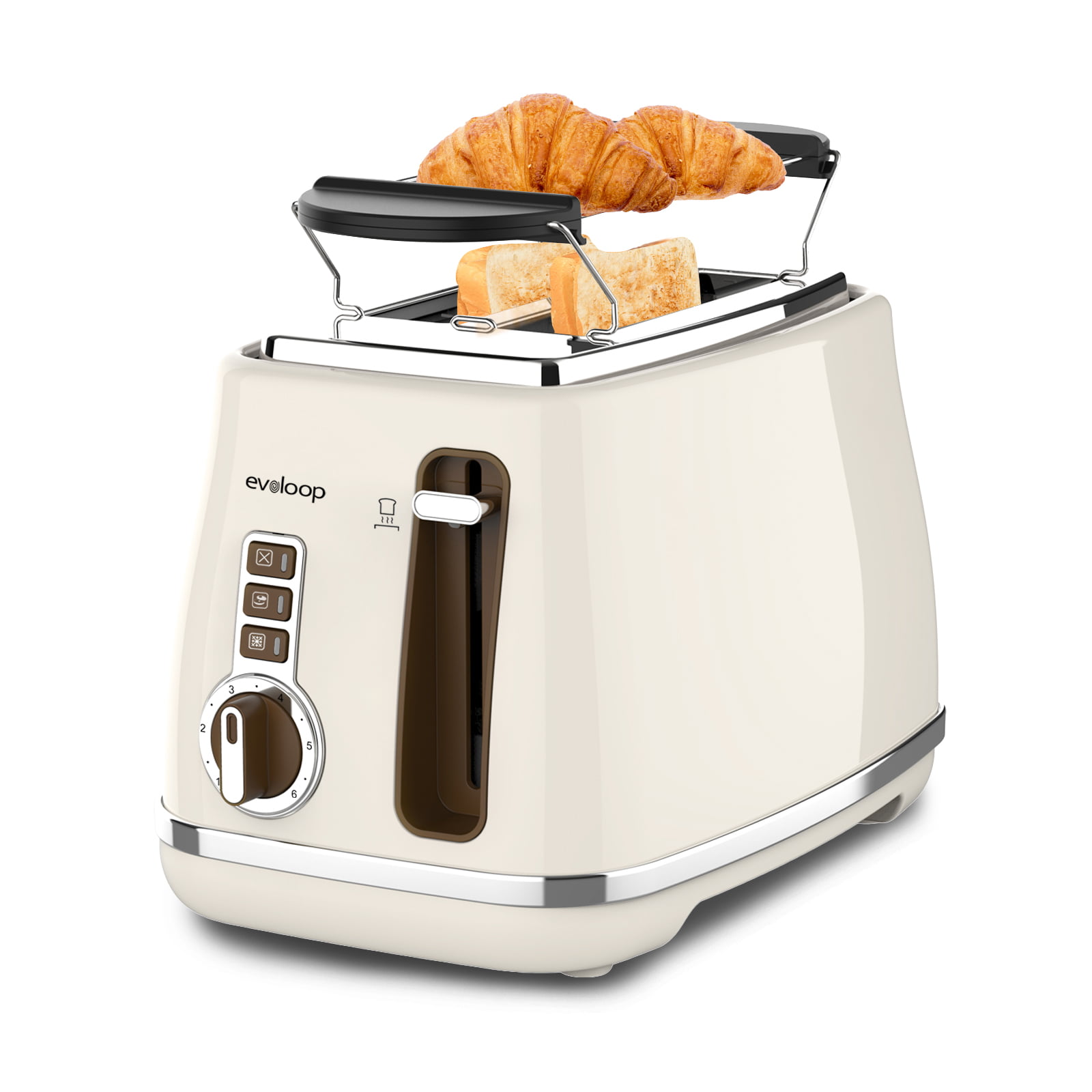 Evoloop Toaster 2 Slice. Stainless Steel 6. 1.5″ Extra Wide Slots .Removable Crumb Tray(Cream)