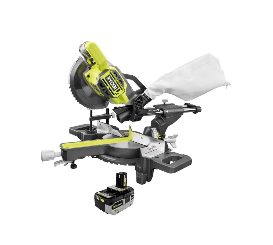 RYOBI Miter Saw PBT01B-PBP004 ONE+ 18V Cordless 7-1/4 in. Sliding Compound with HIGH PERFORMANCE Lithium-Ion 4.0 Ah Battery