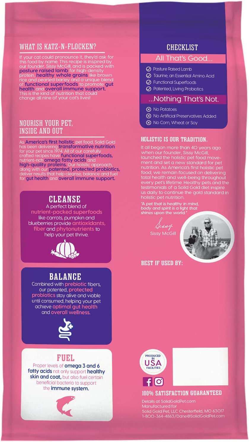 Solid Gold Katz-n-Flocken Lamb & Brown Rice Recipe with Pearled Barley Whole Grain Dry Cat Food 12 Pound (Pack of 1)