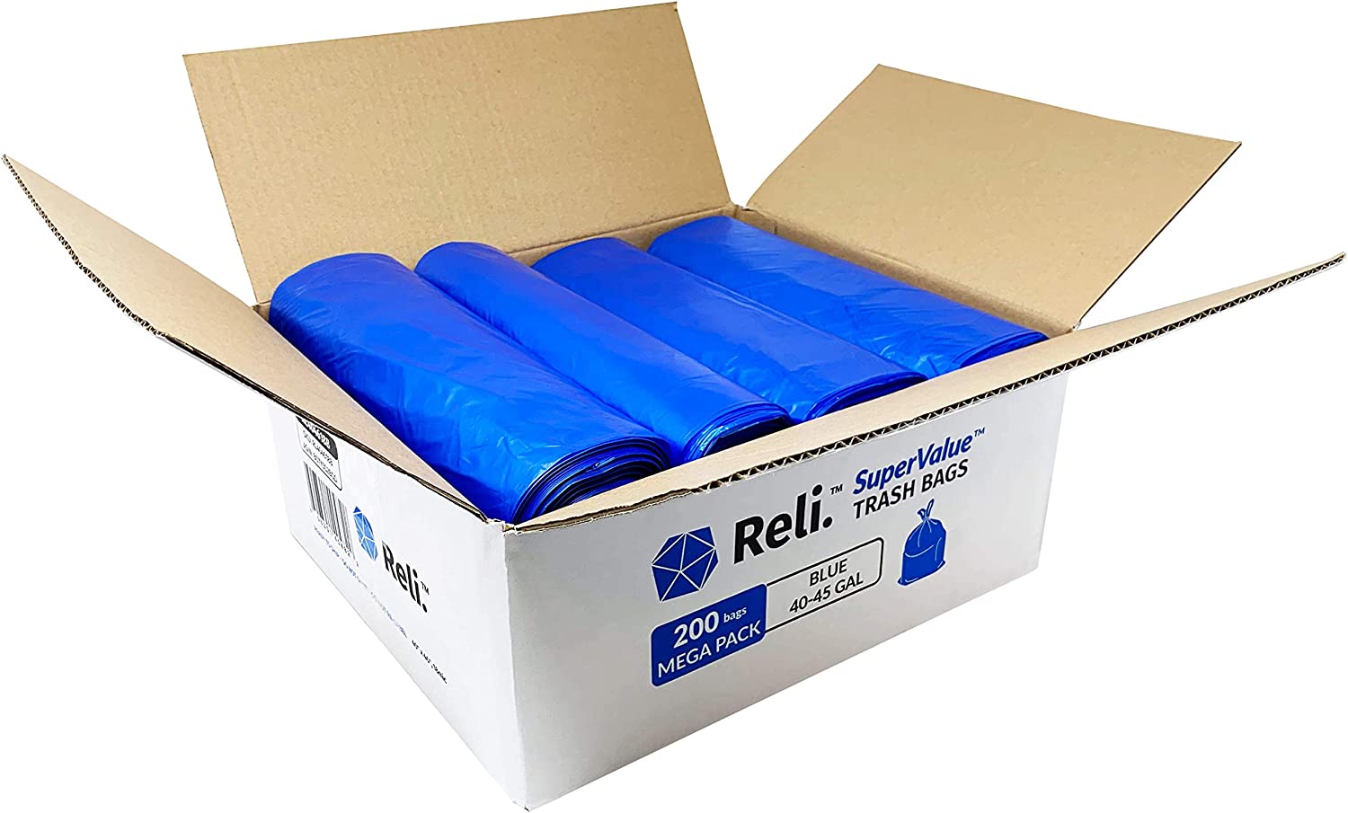 Reli. SuperValue 40-45 Gallon Recycling Bags (200 Count. Bulk) Blue Trash Bags for Recycling. Made in USA (40 Gallon - 42 Gallon - 45 Gallon Trash Bags) Large Garbage Bags/Can Liners 40-45 Gal. Blue