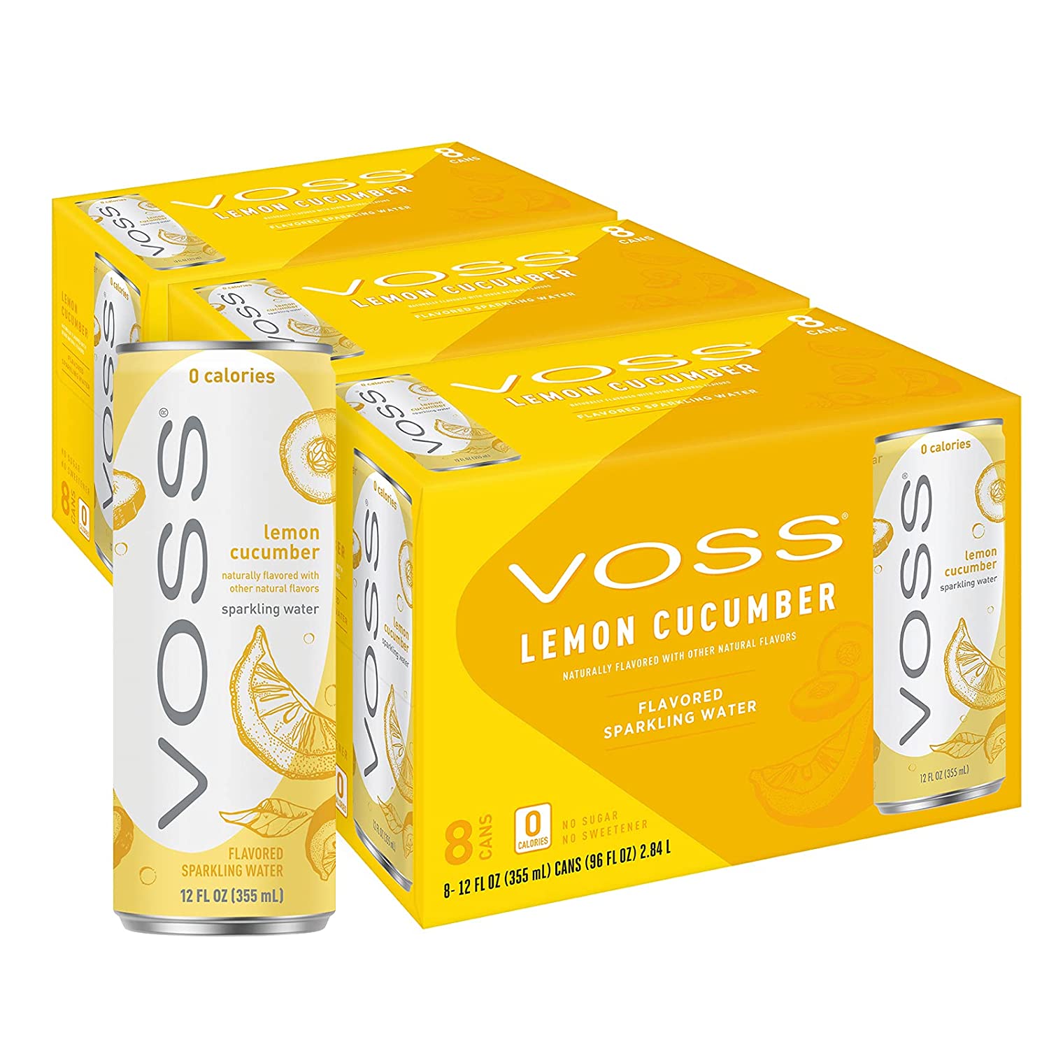 VOSS Lemon Cucumber Flavored Sparkling Water. 355ml Cans (Pack of 24)